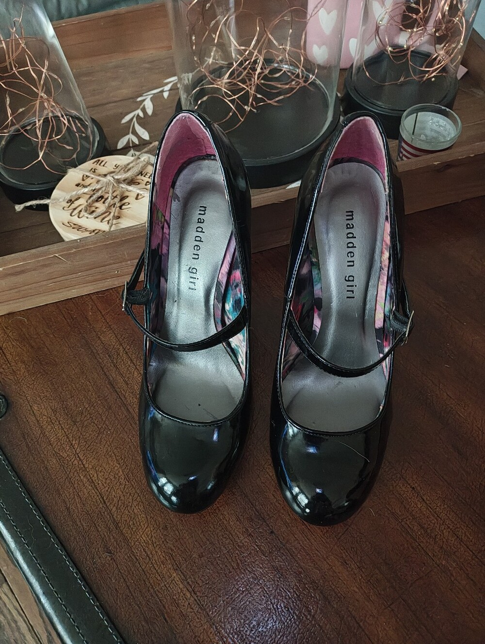 Madden Girl Black Patent Mary Jane Heels with Pink Lining. Size 8